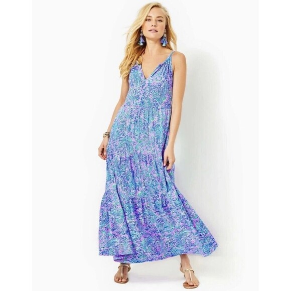 Lilly Pulitzer Dresses & Skirts - Lilly Pulitzer Maribella Halter Maxi Dress Tiered Swing Beach Cotton XL 282172